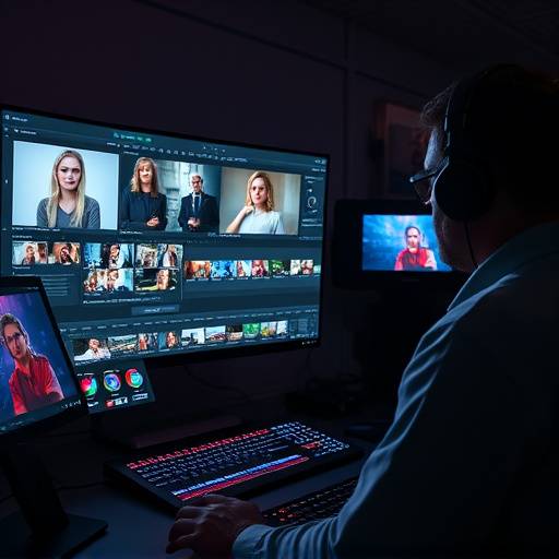 A video editor working on a timeline with various video and audio tracks displayed on a large monitor.