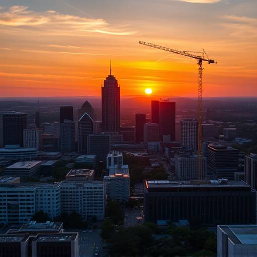 Aerial drone footage of the Austin skyline at sunset showcasing the city's beauty.