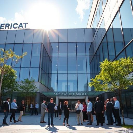 Screenshot of a corporate video showcasing a software company's headquarters and team.